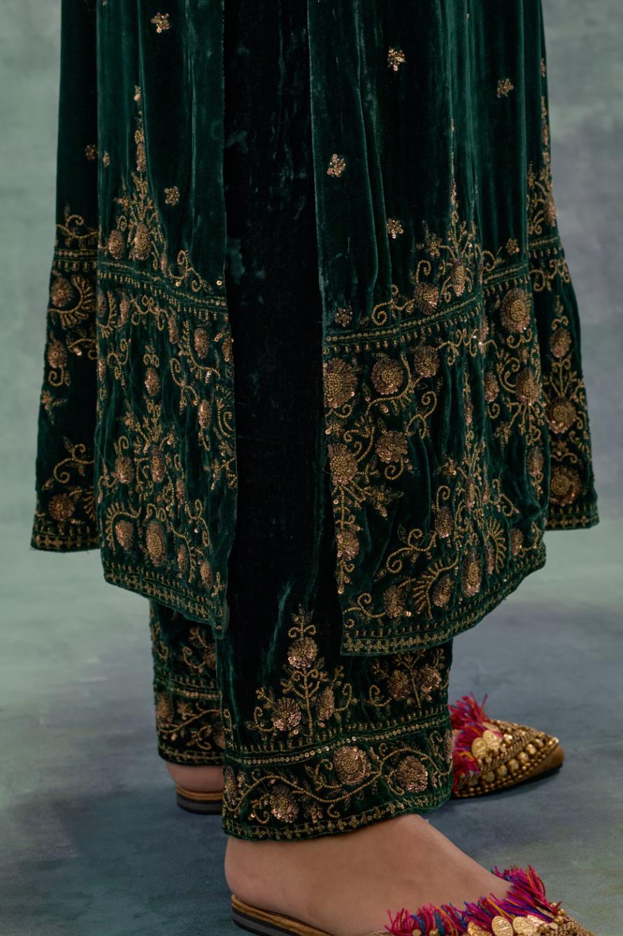 Emerald Green straight Silk Velvet kurta set with all-over hand-embroidered bead, sequins and zari work.