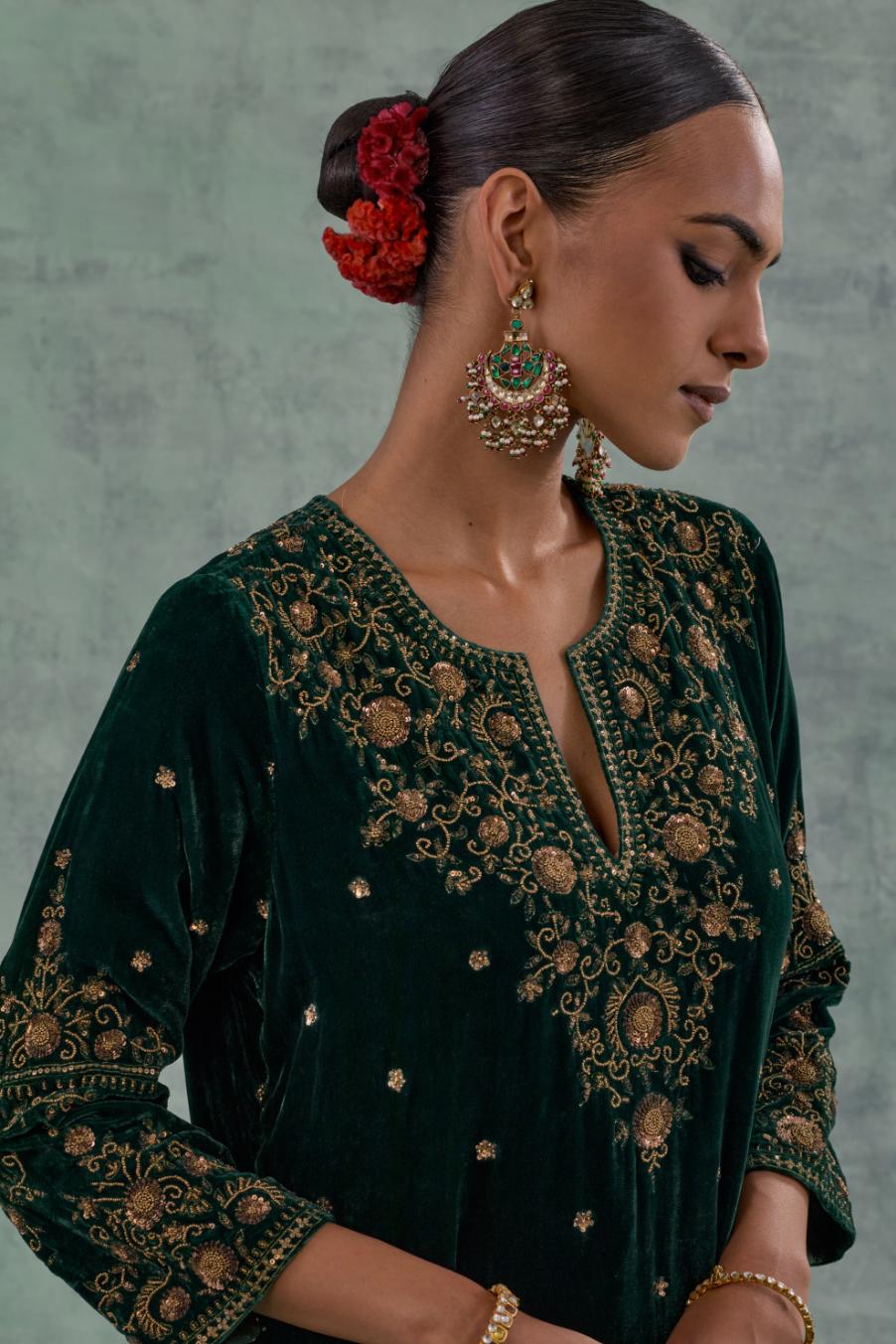 Emerald Green straight Silk Velvet kurta set with all-over hand-embroidered bead, sequins and zari work.