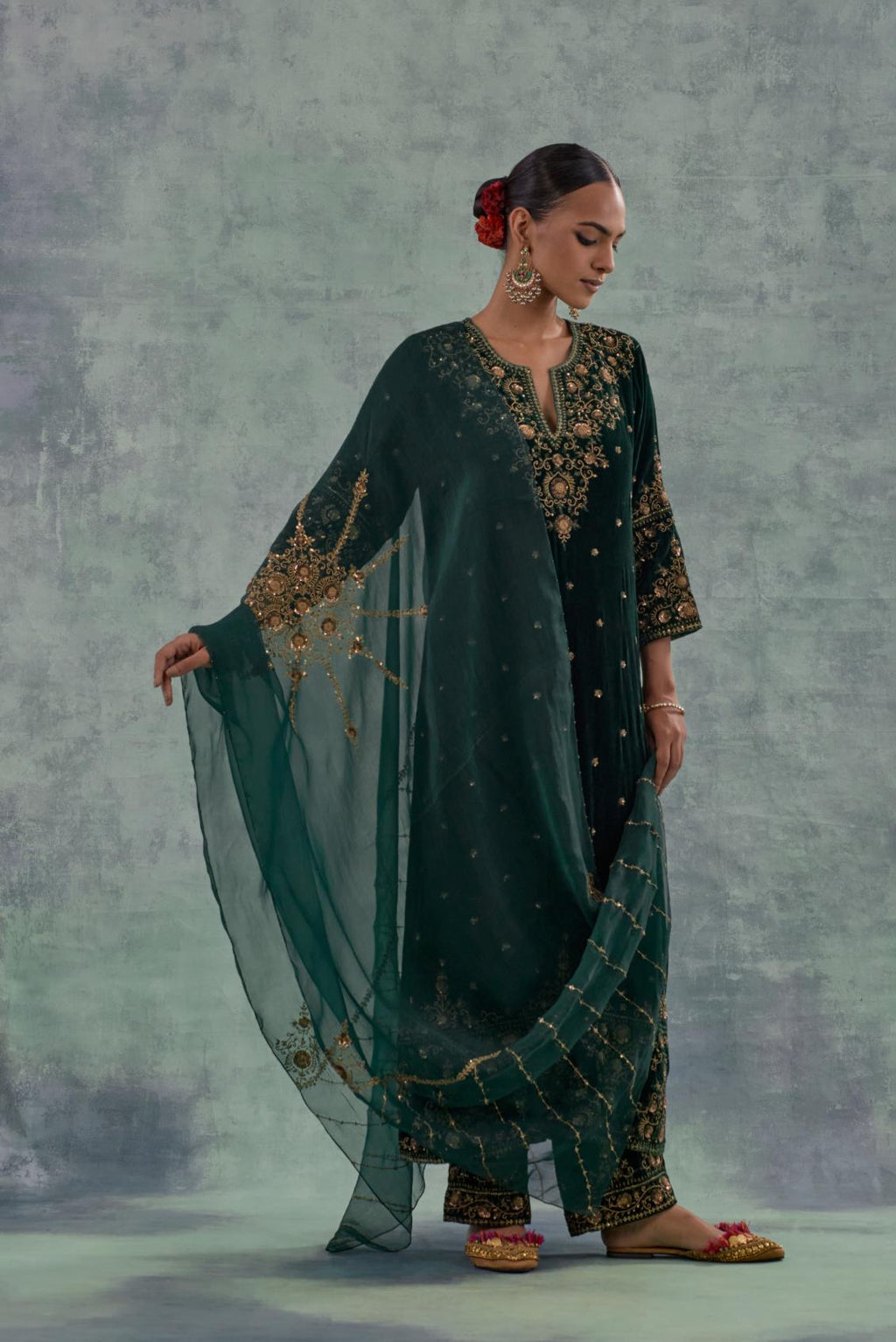 Emerald GreenSilk organza dupatta with delicate bead, sequin and zari work.