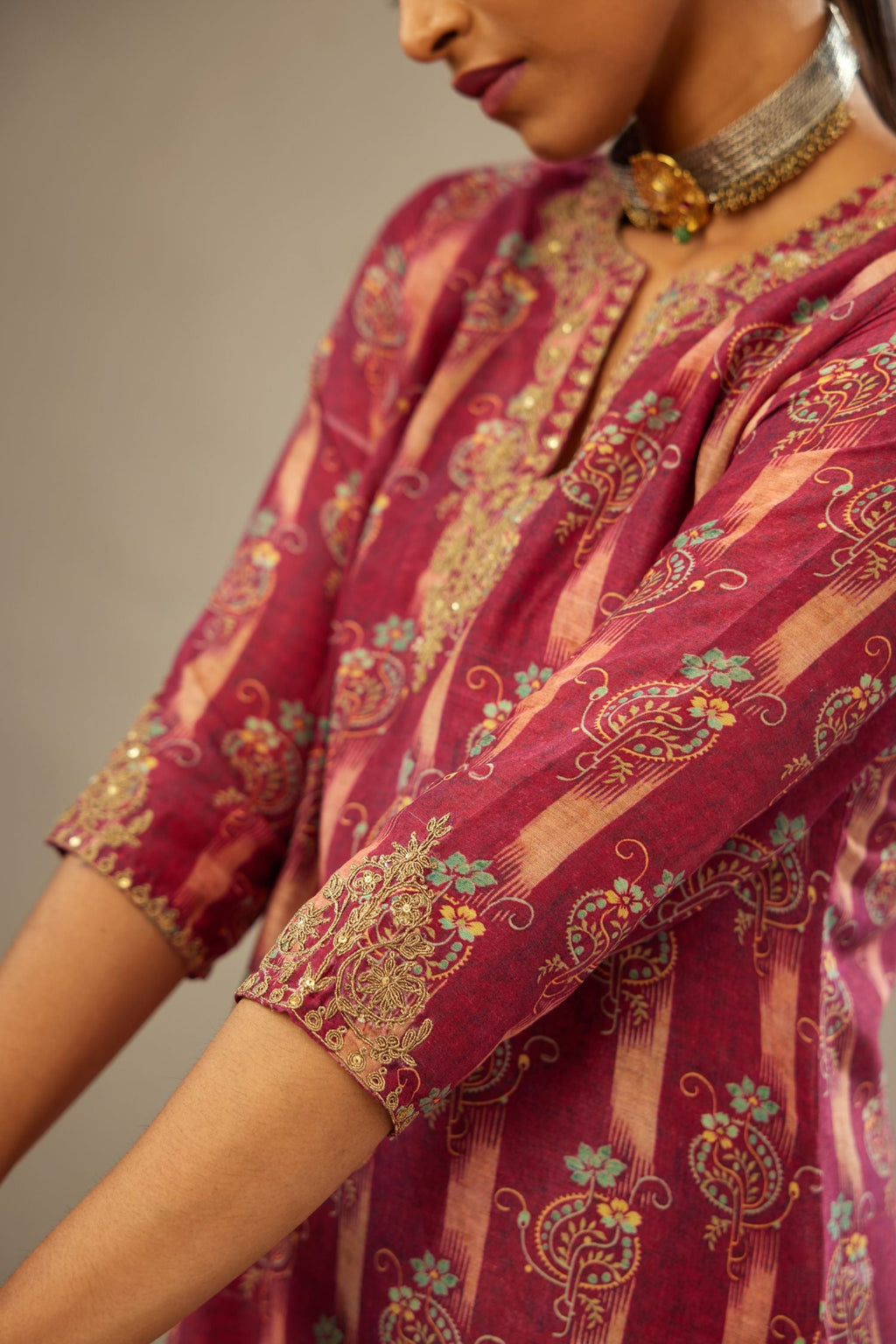 Deep wine digital printed dori embroidered fine silk short kurta set, highlighted with gold sequin hand work.