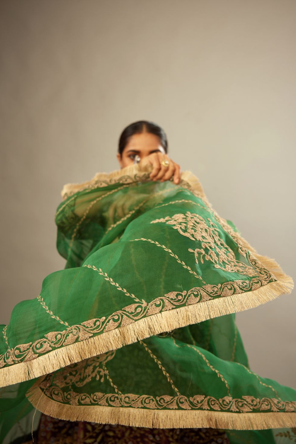 Dark green silk organza dupatta with dori embroidery border at the edges and diagonal zari embroidered lines all-over the dupatta.