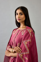 Wine silk chanderi short kalidar phiran style kurta set with dori and contrast silk thread embroidery, highlighted with gold sequins work.
