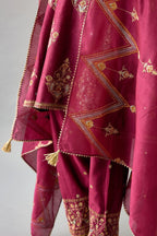 Wine Silk chanderi dupatta in chevron pattern embroidery with contrast silk thread and dori at the sides.