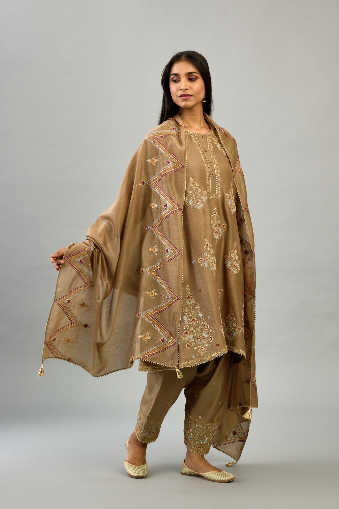 Taupe Silk chanderi dupatta in chevron pattern embroidery with contrast silk thread and dori at the sides.