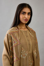 Taupe Silk chanderi dupatta in chevron pattern embroidery with contrast silk thread and dori at the sides.