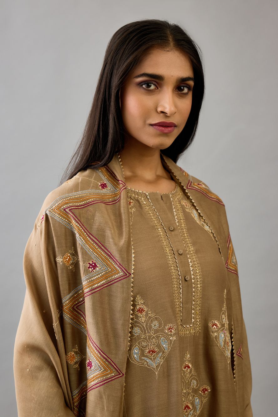 Taupe Silk chanderi dupatta in chevron pattern embroidery with contrast silk thread and dori at the sides.