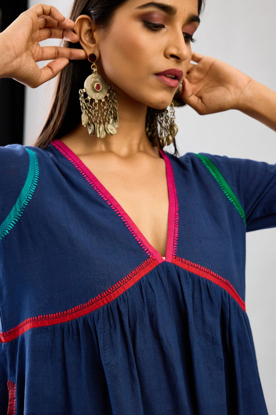 Blue Handloom Cotton kurta set dress with multi colored silk facing and embroidery details.