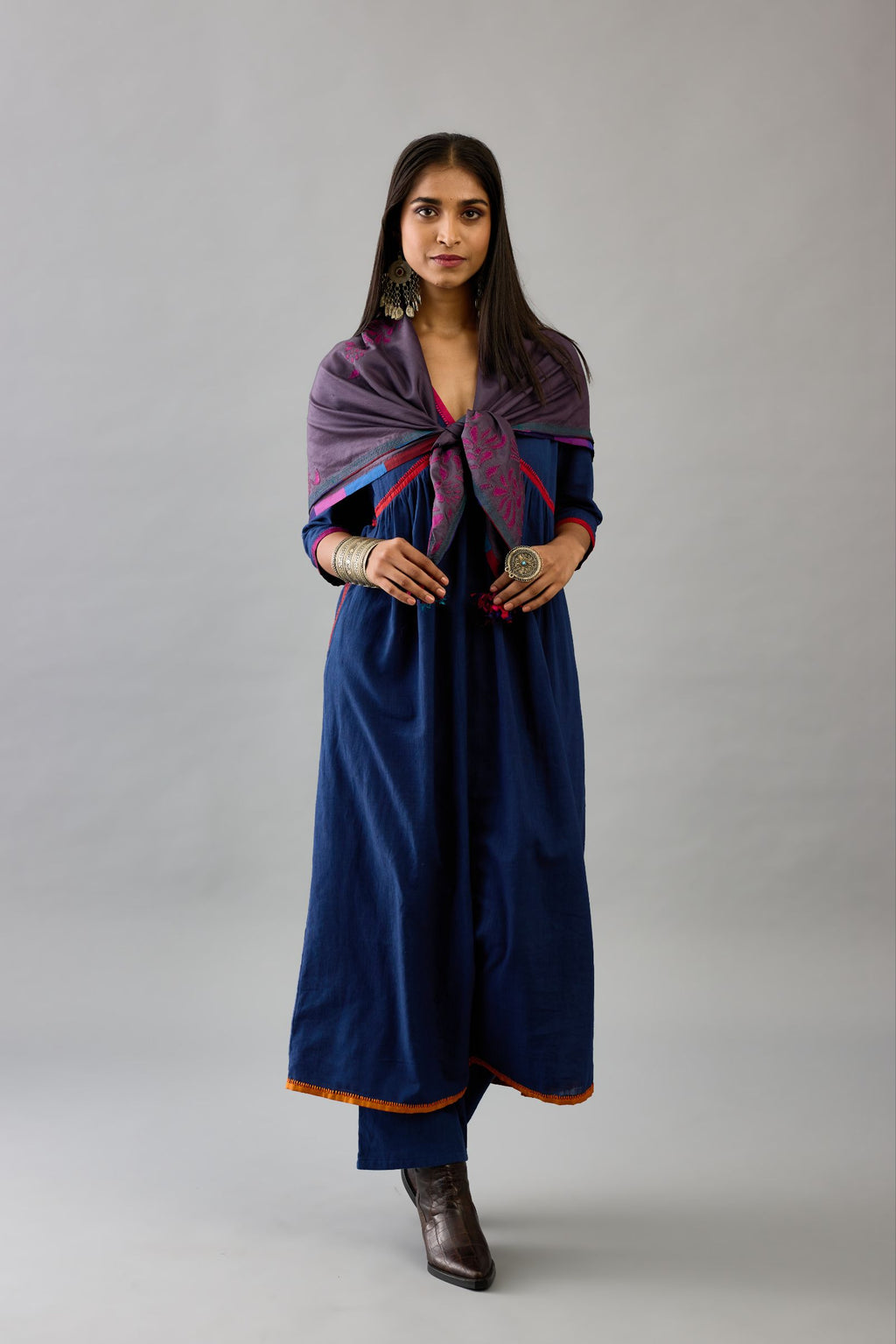 Blue Handloom Cotton kurta set dress with multi colored silk facing and embroidery details.