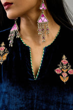 Blue silk velvet straight kurta set with zari, dori and contrast silk thread embroidered bootas, highlighted with gold sequins work.