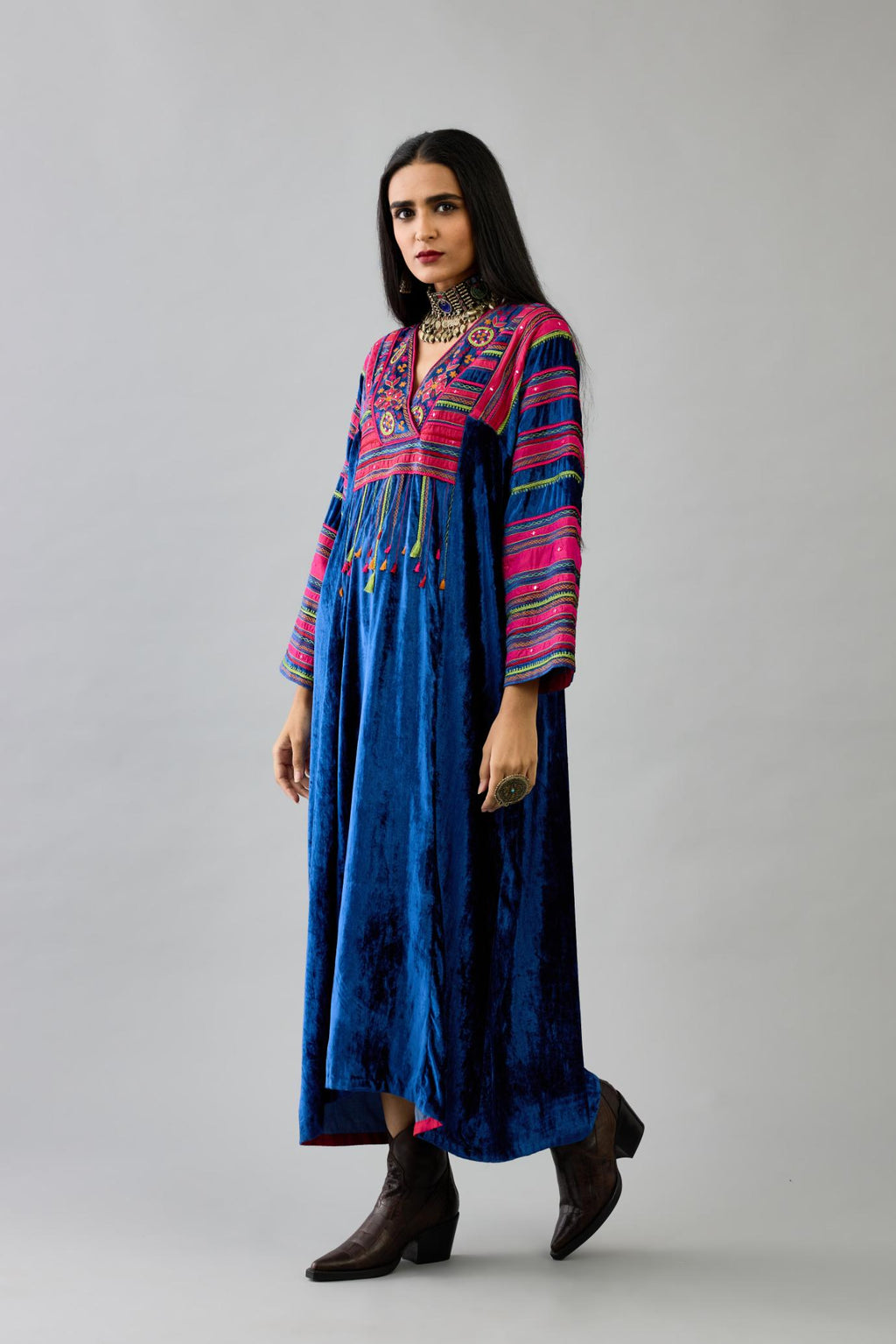 Blue Silk velvet easy fit long kaftan detailed with patch, silk thread, mirror & sequins work