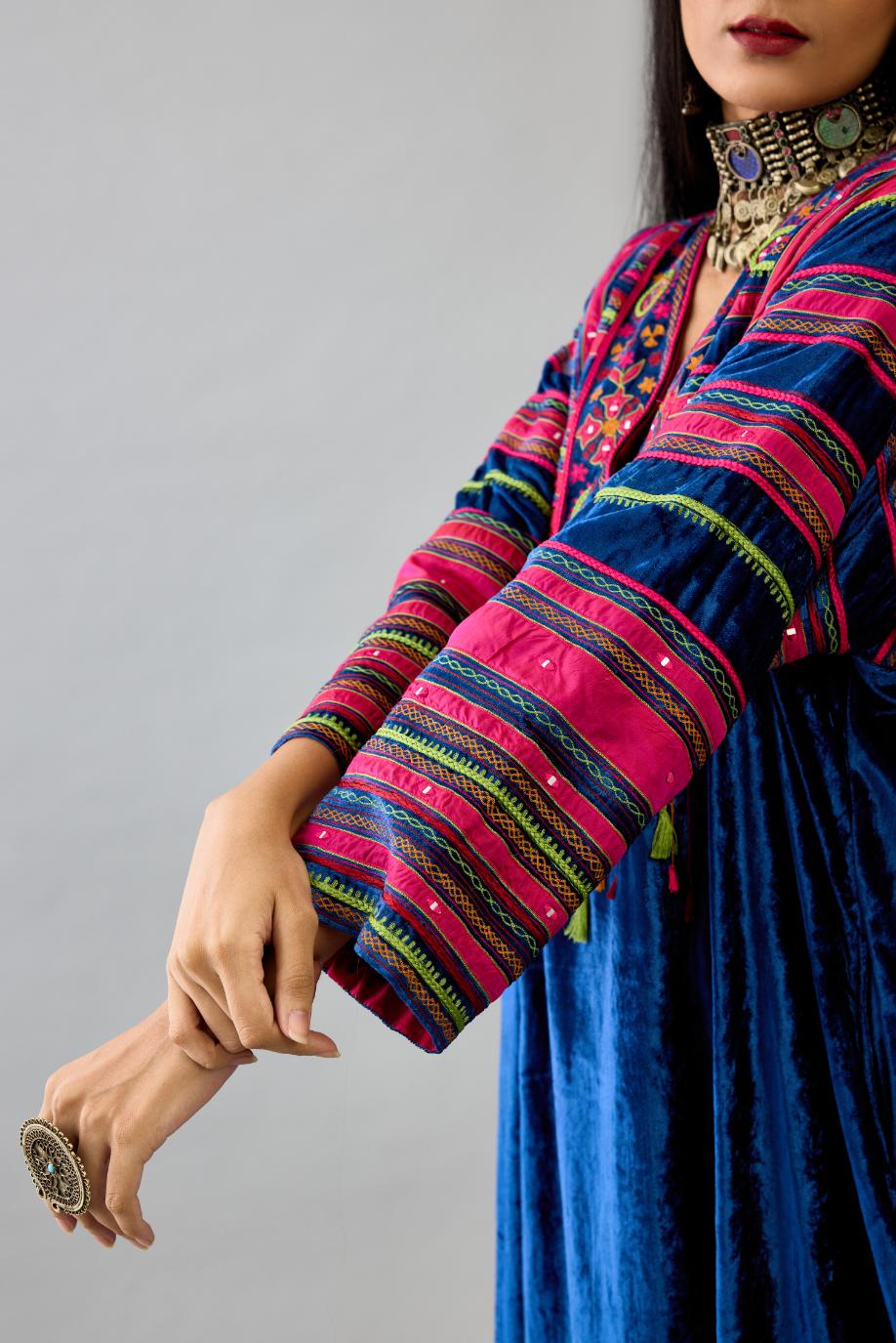 Blue Silk velvet easy fit long kaftan detailed with patch, silk thread, mirror & sequins work