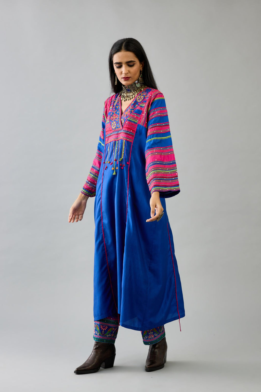 Blue Silk easy fit long kaftan set detailed with patch, silk thread, mirror & sequins work
