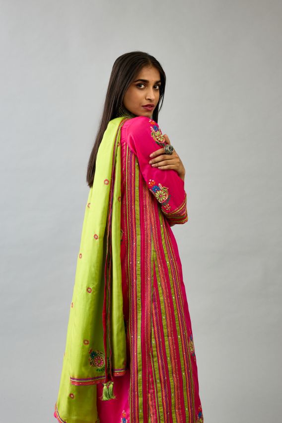 Apple green light silk dupatta with delicate silk thread embroidery, highlighted with braids, mirrors and sequins work.