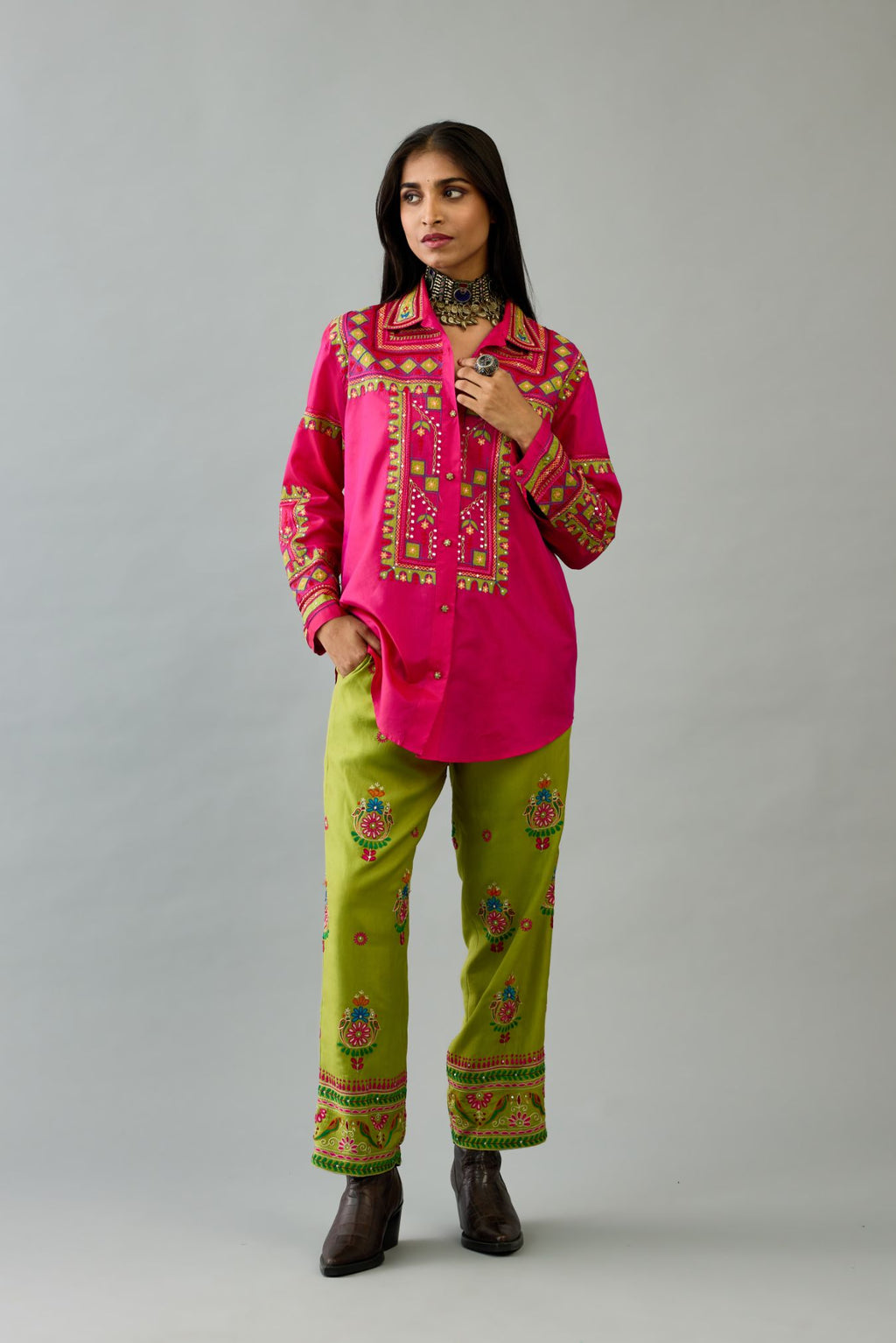 Fuchsia silk embroidered shirt set with full sleeves.