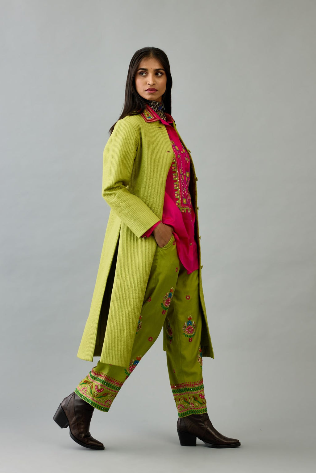 Apple Green silk, quilted mid- length front open jacket.
