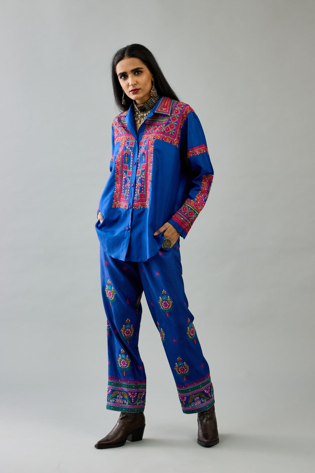 Blue silk embroidered shirt set with full sleeves.