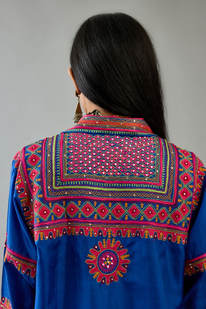 Blue silk embroidered shirt set with full sleeves.