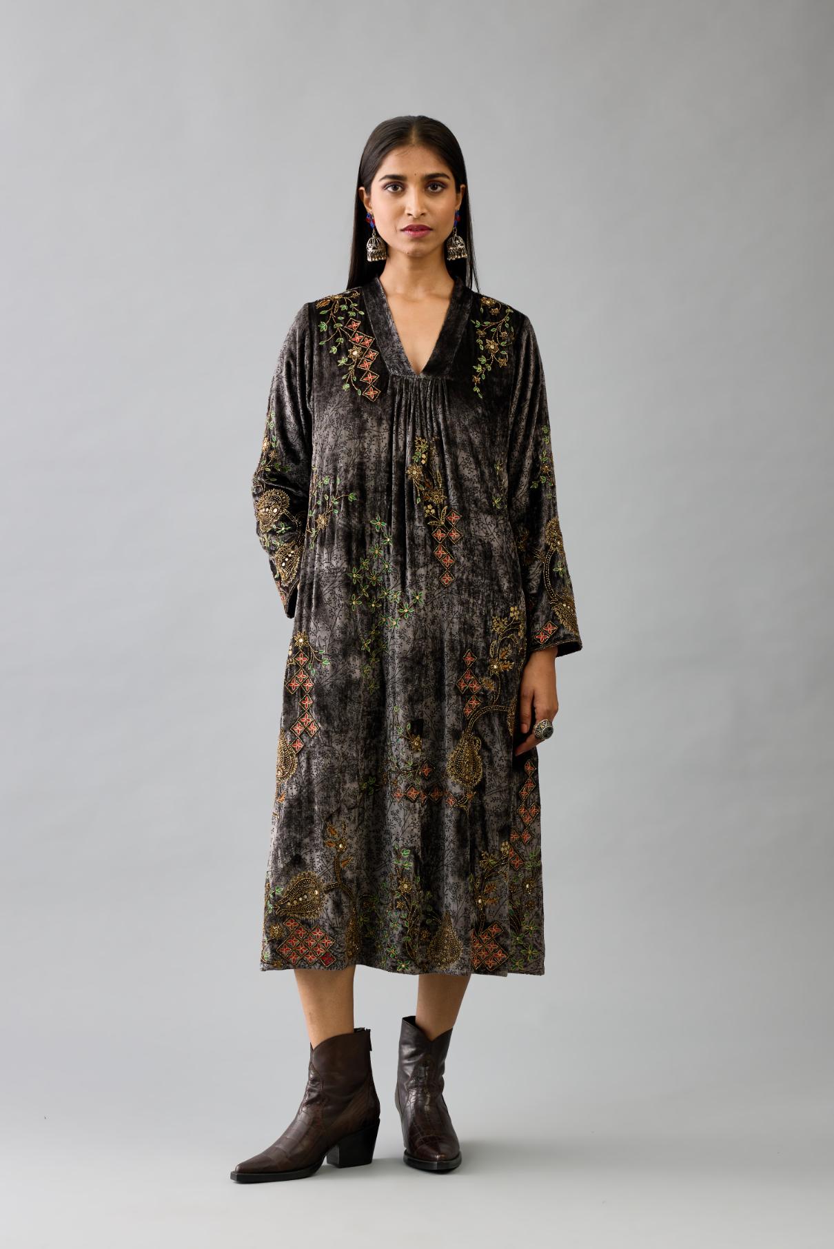 Grey silk velvet hand block printed easy fit dress with, highlighted with beads, sequins and zari work, paired with blue light silk narrow stole with bugle beads fringes.