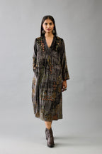 Grey silk velvet hand block printed easy fit dress with, highlighted with beads, sequins and zari work, paired with blue light silk narrow stole with bugle beads fringes.