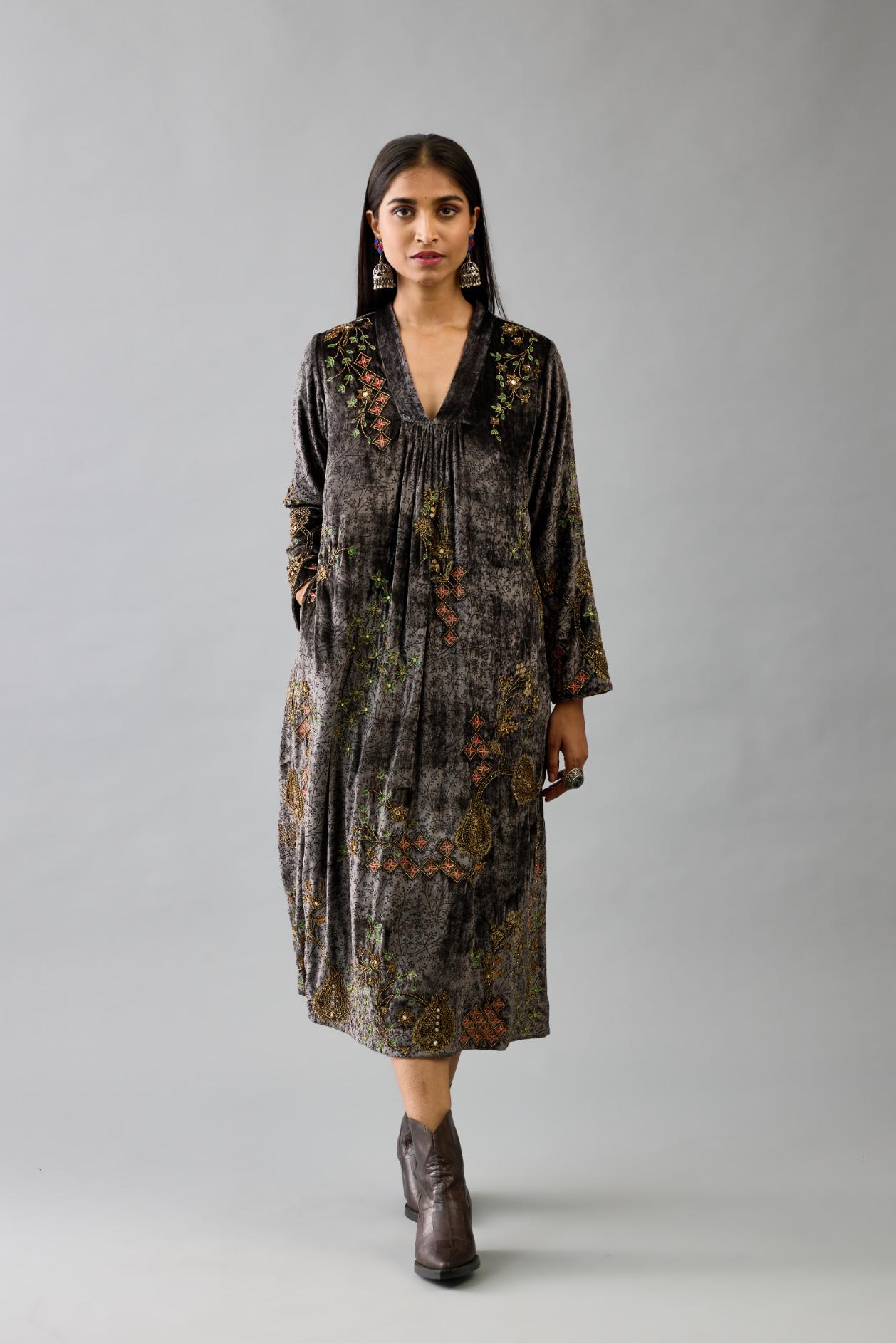 Grey silk velvet hand block printed easy fit dress with, highlighted with beads, sequins and zari work, paired with blue light silk narrow stole with bugle beads fringes.