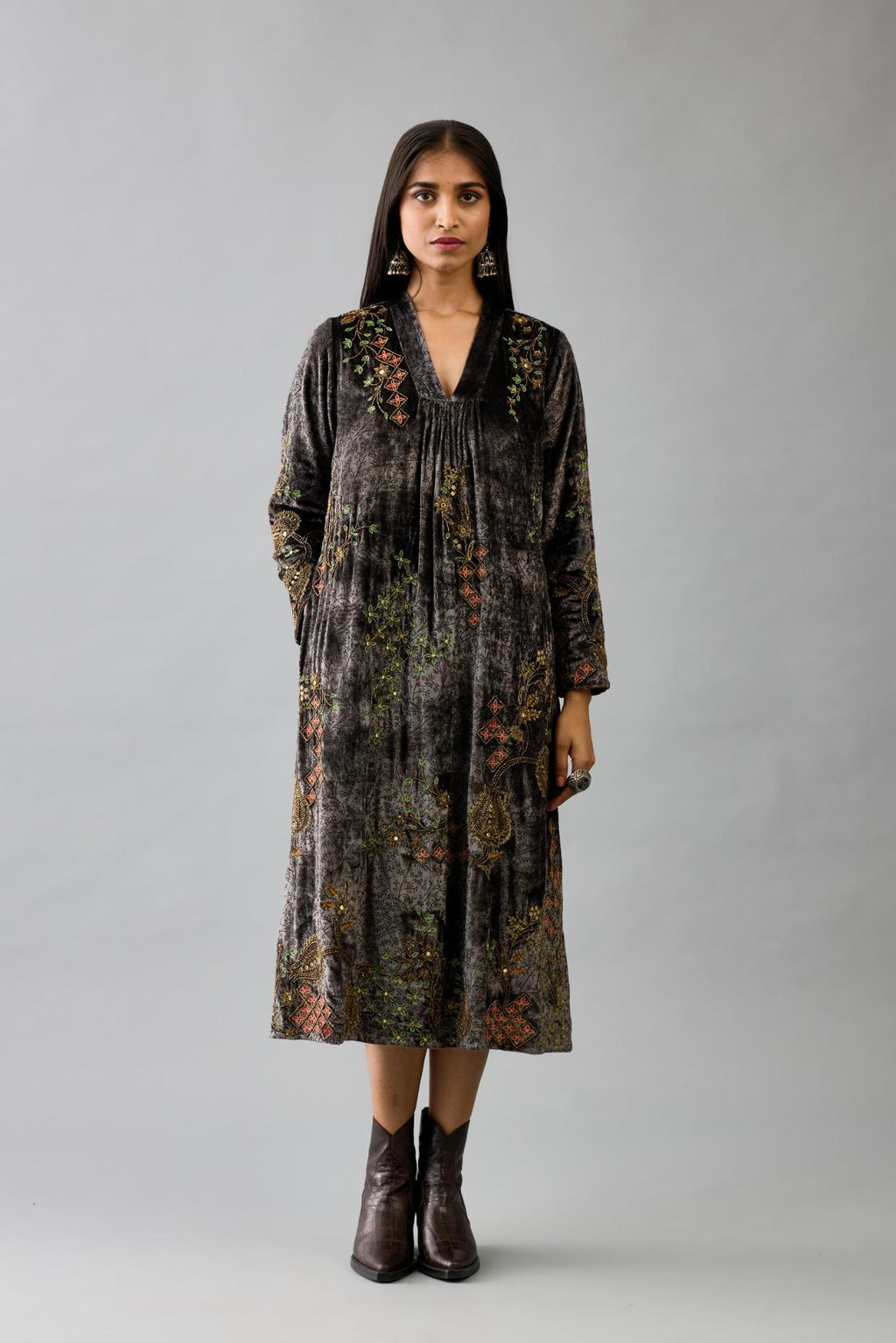 Grey silk velvet hand block printed easy fit dress with, highlighted with beads, sequins and zari work, paired with blue light silk narrow stole with bugle beads fringes.