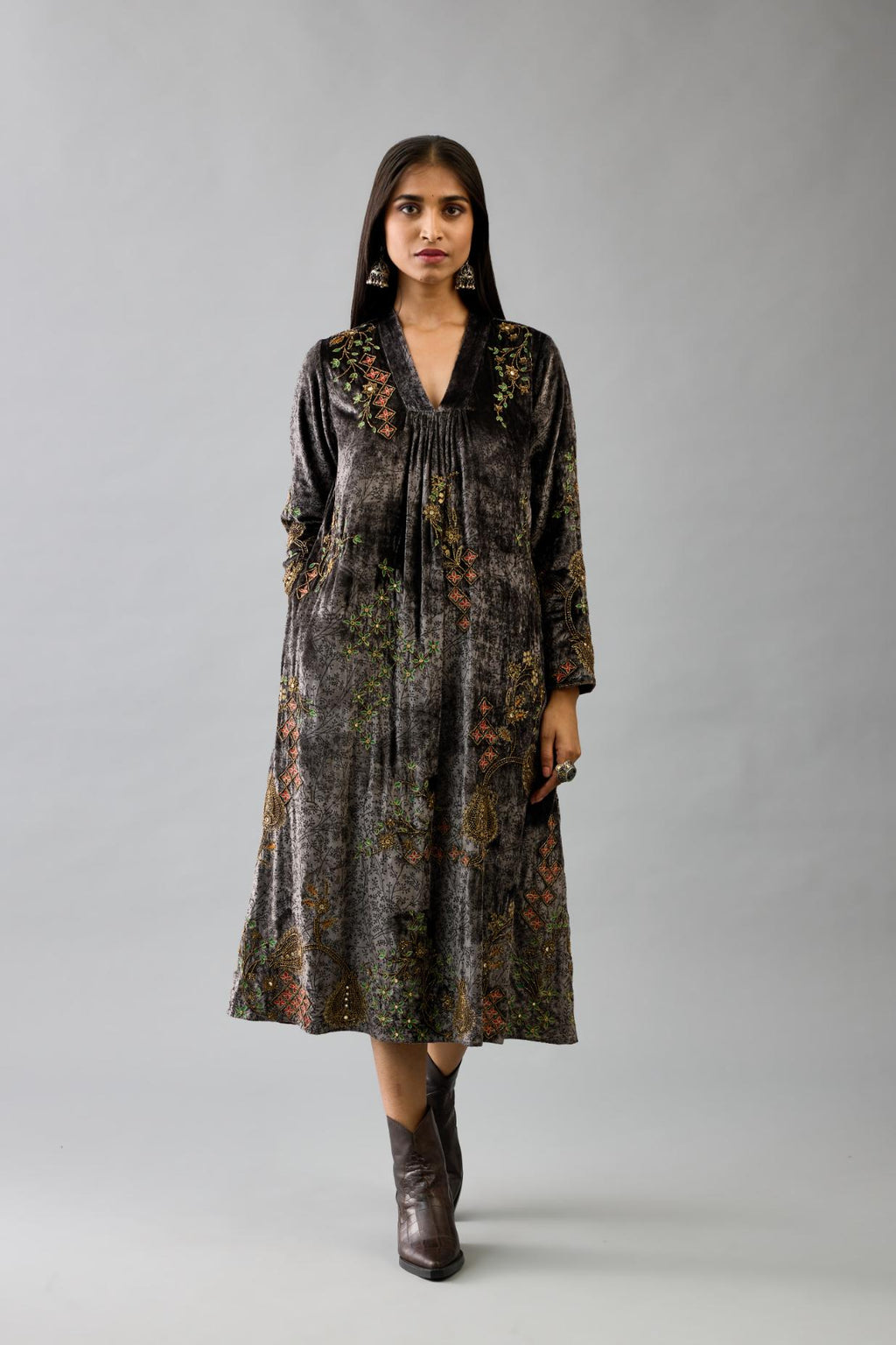 Grey silk velvet hand block printed easy fit dress with, highlighted with beads, sequins and zari work, paired with blue light silk narrow stole with bugle beads fringes.