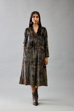 Grey silk velvet hand block printed easy fit dress with, highlighted with beads, sequins and zari work, paired with blue light silk narrow stole with bugle beads fringes.