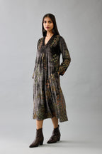 Grey silk velvet hand block printed easy fit dress with, highlighted with beads, sequins and zari work, paired with blue light silk narrow stole with bugle beads fringes.