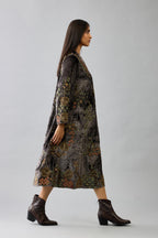 Grey silk velvet hand block printed easy fit dress with, highlighted with beads, sequins and zari work, paired with blue light silk narrow stole with bugle beads fringes.
