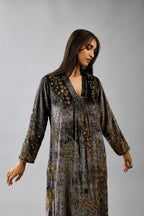 Grey silk velvet hand block printed easy fit dress with, highlighted with beads, sequins and zari work, paired with blue light silk narrow stole with bugle beads fringes.