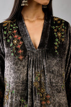Grey silk velvet hand block printed easy fit dress with, highlighted with beads, sequins and zari work, paired with blue light silk narrow stole with bugle beads fringes.