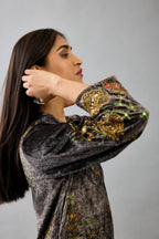 Grey silk velvet hand block printed easy fit dress with, highlighted with beads, sequins and zari work, paired with blue light silk narrow stole with bugle beads fringes.