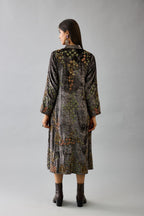Grey silk velvet hand block printed easy fit dress with, highlighted with beads, sequins and zari work, paired with blue light silk narrow stole with bugle beads fringes.