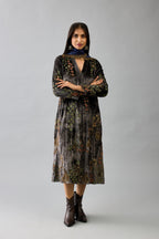 Grey silk velvet hand block printed easy fit dress with, highlighted with beads, sequins and zari work, paired with blue light silk narrow stole with bugle beads fringes.