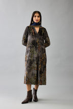 Grey silk velvet hand block printed easy fit dress with, highlighted with beads, sequins and zari work, paired with blue light silk narrow stole with bugle beads fringes.