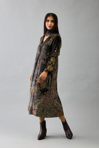 Grey silk velvet hand block printed easy fit dress with, highlighted with beads, sequins and zari work, paired with blue light silk narrow stole with bugle beads fringes.