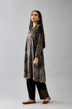 Grey silk velvet short easy fit kurta set with straight hem and all-over hand block print, highlighted with beads, sequins and zari work.