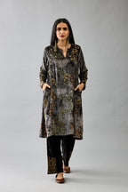 Grey silk velvet short easy fit kurta set with straight hem and all-over hand block print, highlighted with beads, sequins and zari work.
