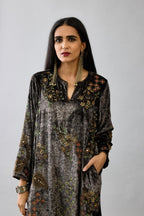 Grey silk velvet short easy fit kurta set with straight hem and all-over hand block print, highlighted with beads, sequins and zari work.