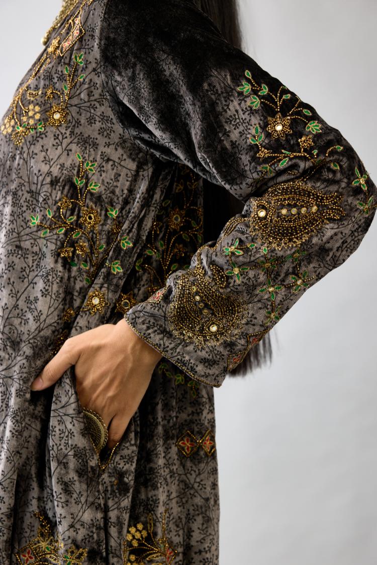 Grey silk velvet short easy fit kurta set with straight hem and all-over hand block print, highlighted with beads, sequins and zari work.
