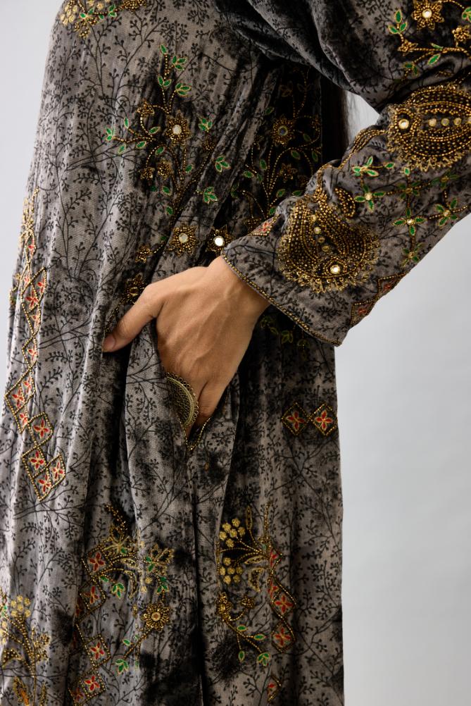 Grey silk velvet short easy fit kurta set with straight hem and all-over hand block print, highlighted with beads, sequins and zari work.