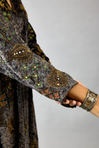 Grey silk velvet short easy fit kurta set with straight hem and all-over hand block print, highlighted with beads, sequins and zari work.