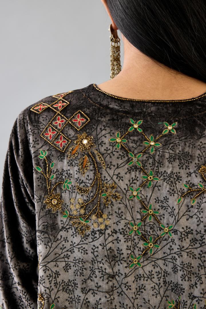 Grey silk velvet short easy fit kurta set with straight hem and all-over hand block print, highlighted with beads, sequins and zari work.