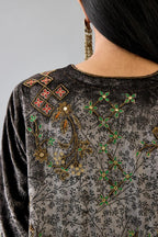 Grey silk velvet short easy fit kurta set with straight hem and all-over hand block print, highlighted with beads, sequins and zari work.