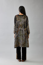 Grey silk velvet short easy fit kurta set with straight hem and all-over hand block print, highlighted with beads, sequins and zari work.