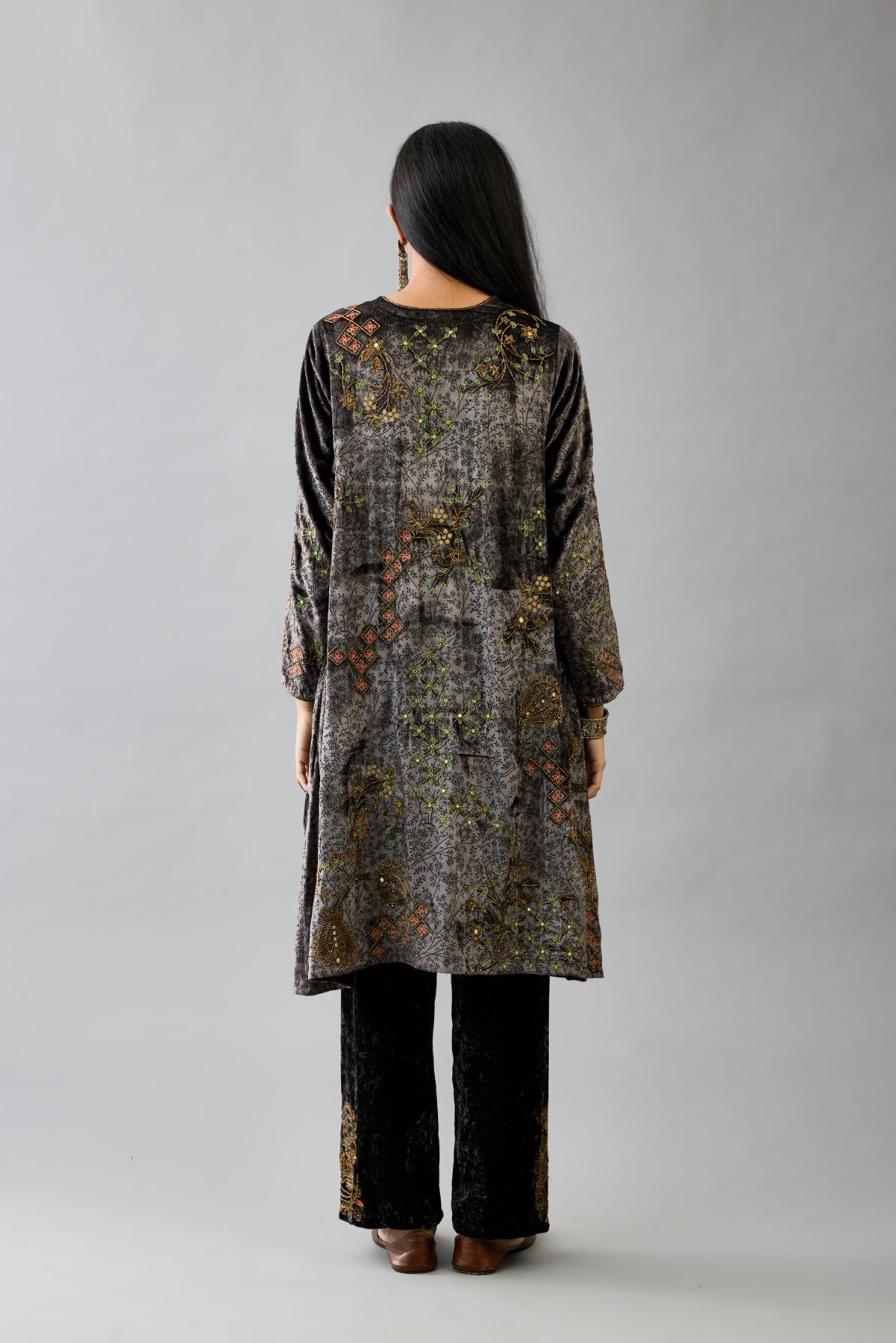 Grey silk velvet short easy fit kurta set with straight hem and all-over hand block print, highlighted with beads, sequins and zari work.