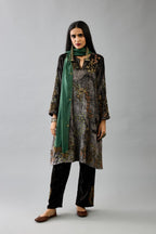 Grey silk velvet short easy fit kurta set with straight hem and all-over hand block print, highlighted with beads, sequins and zari work.