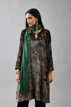 Grey silk velvet short easy fit kurta set with straight hem and all-over hand block print, highlighted with beads, sequins and zari work.