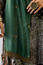 Green light silk stole with all-over small embroidered booti and fringes at sides.