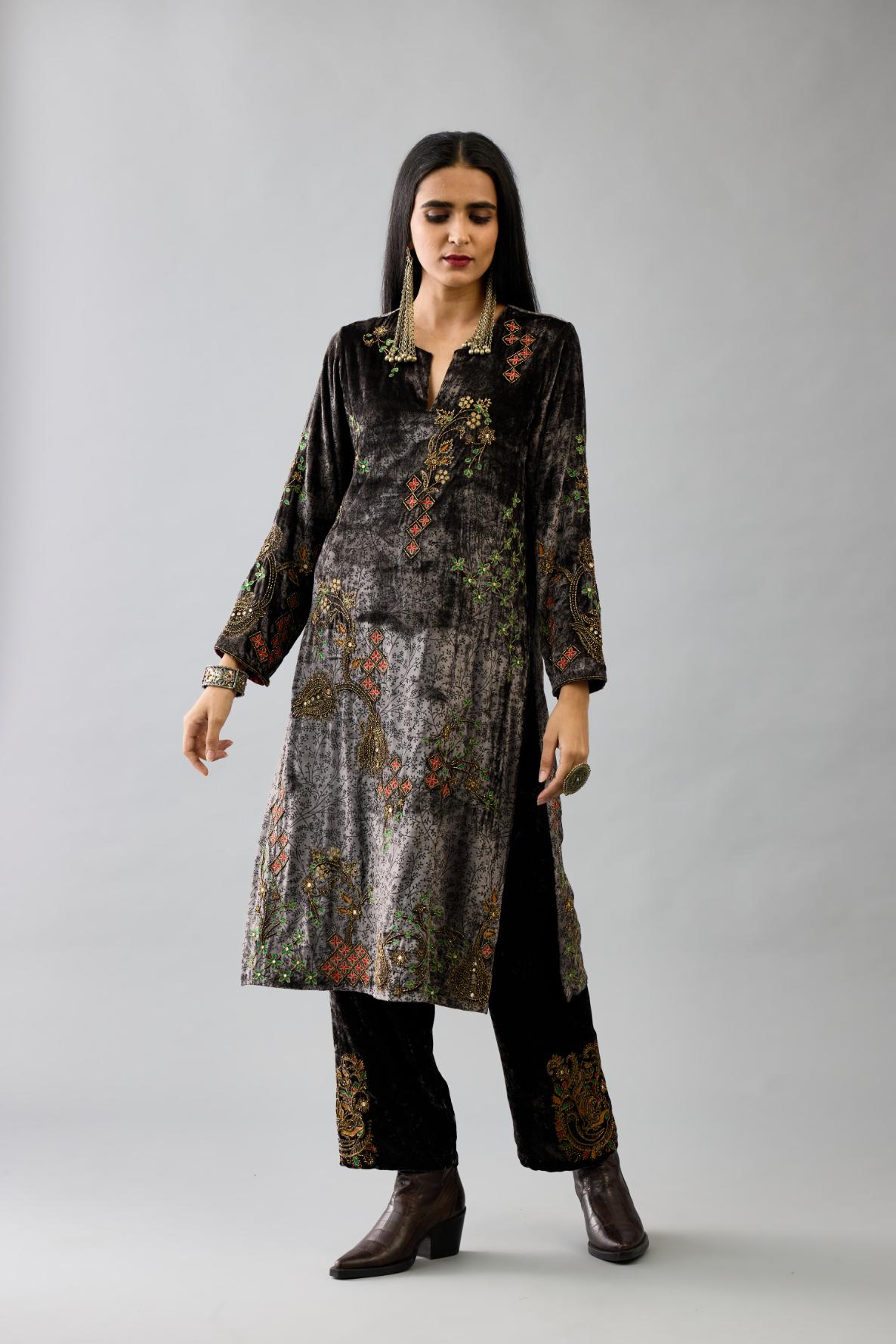 Grey silk velvet straight mid length kurta with all-over hand block print, highlighted with beads, sequins and zari work.